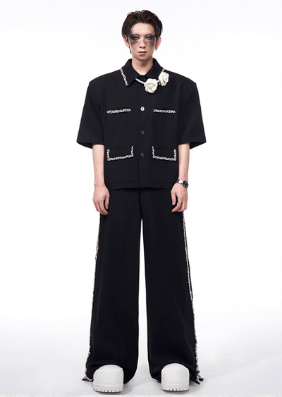Rhinestone Deco S/S Blazer & Pants Set Korean Street Fashion Clothing Set By Slim Black Shop Online at OH Vault
