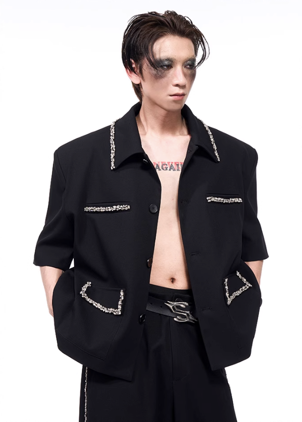 Rhinestone Deco S/S Blazer & Pants Set Korean Street Fashion Clothing Set By Slim Black Shop Online at OH Vault