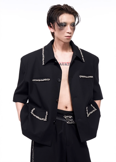 Rhinestone Deco S/S Blazer & Pants Set Korean Street Fashion Clothing Set By Slim Black Shop Online at OH Vault