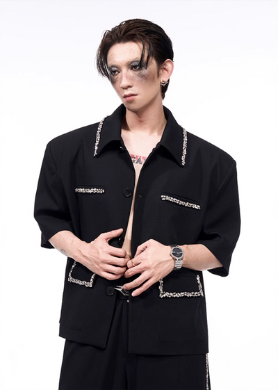Rhinestone Deco S/S Blazer & Pants Set Korean Street Fashion Clothing Set By Slim Black Shop Online at OH Vault