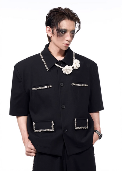 Rhinestone Deco S/S Blazer & Pants Set Korean Street Fashion Clothing Set By Slim Black Shop Online at OH Vault