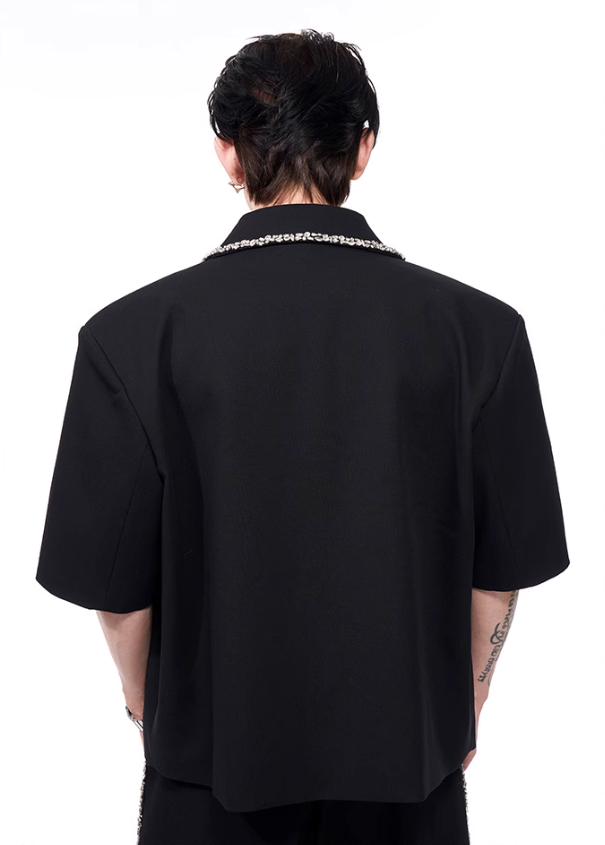 Rhinestone Deco S/S Blazer & Pants Set Korean Street Fashion Clothing Set By Slim Black Shop Online at OH Vault