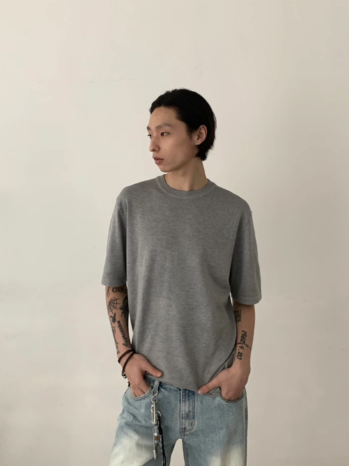 Basic Round Neck Knitted T-Shirt Korean Street Fashion T-Shirt By In Knots Shop Online at OH Vault