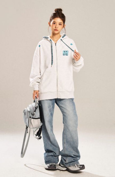 Drawstring Logo Embroiidery Zip-Up Hoodie Korean Street Fashion Hoodie By New Start Shop Online at OH Vault