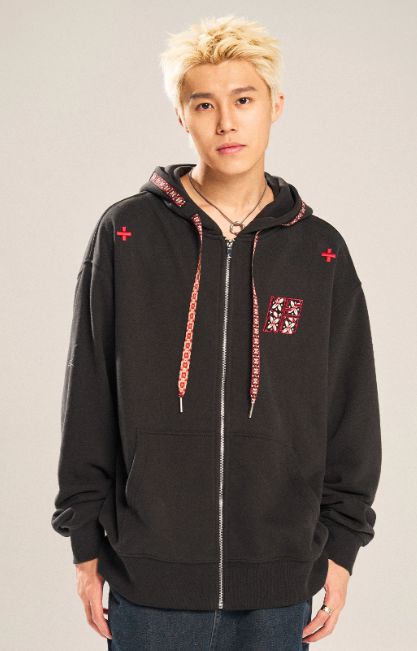 Drawstring Logo Embroiidery Zip-Up Hoodie Korean Street Fashion Hoodie By New Start Shop Online at OH Vault