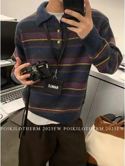 Striped Polo Neck Sweater Korean Street Fashion Sweater By Poikilotherm Shop Online at OH Vault
