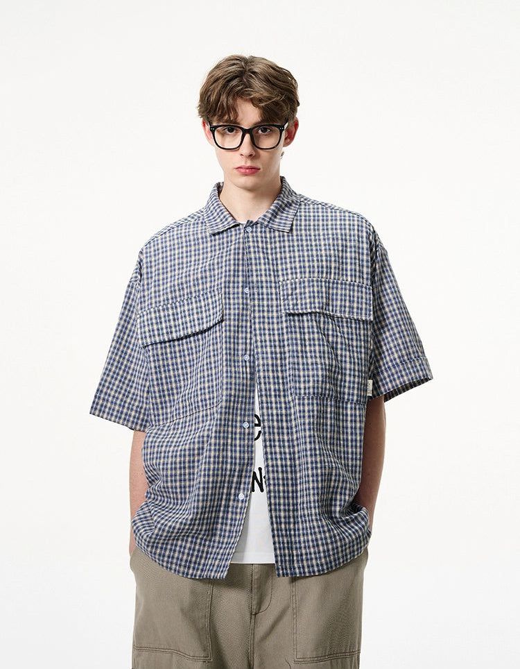 Loose Plaid Pocket Short Sleeve Shirt Korean Street Fashion Shirt By Mad Witch Shop Online at OH Vault