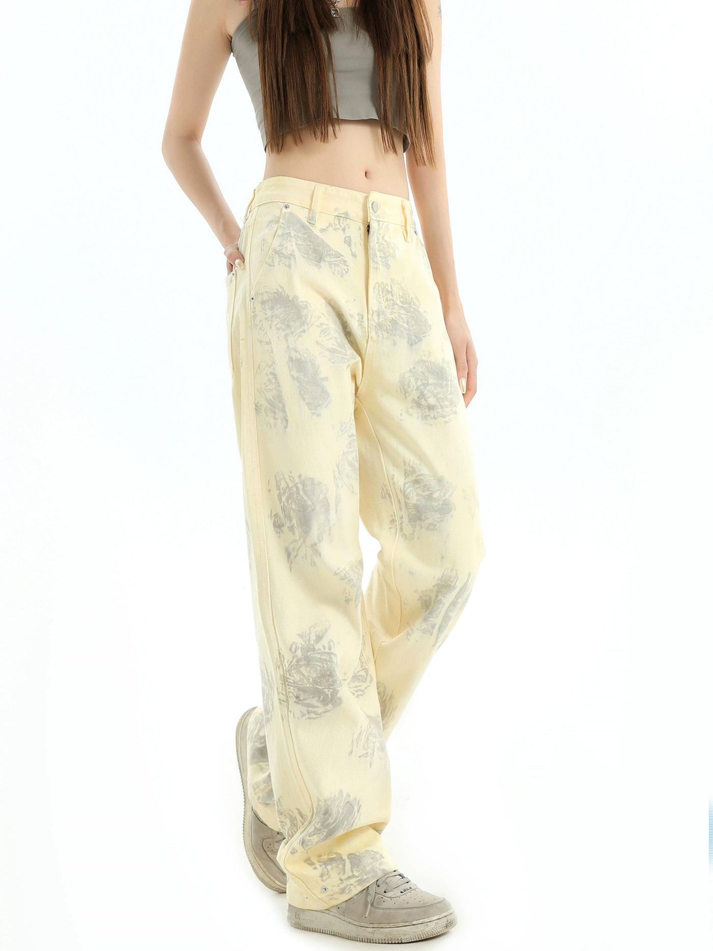 Washed Abstract Print Jeans