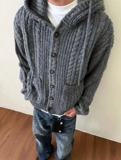 Twisted Knit Hooded Buttoned Sweater Korean Street Fashion Hoodie By Made Extreme Shop Online at OH Vault