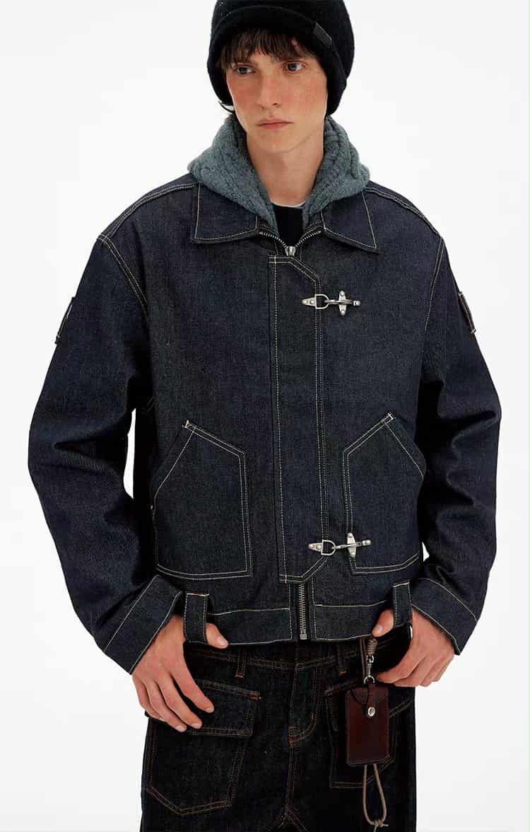 Topstitched Fireman Clasp Denim Jacket Korean Street Fashion Jacket By Mad Witch Shop Online at OH Vault