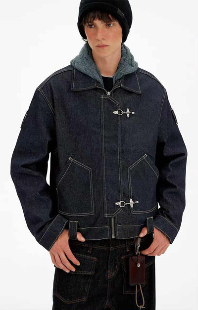 Topstitched Fireman Clasp Denim Jacket Korean Street Fashion Jacket By Mad Witch Shop Online at OH Vault