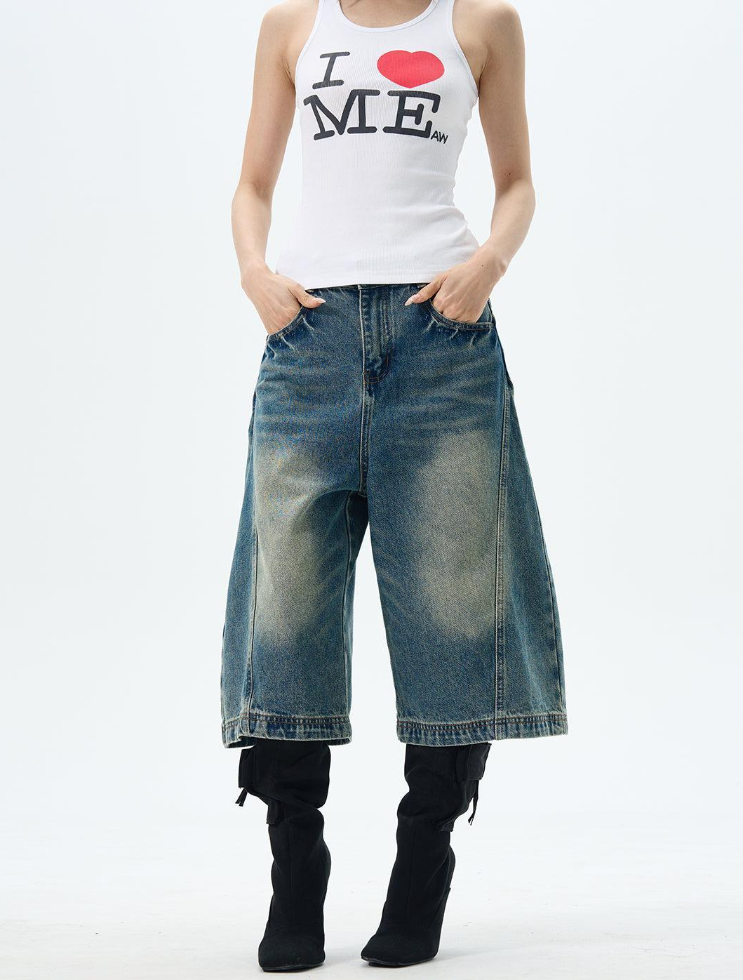 Basic Plain & Washed Wide Denim Shorts Korean Street Fashion Shorts By 77Flight Shop Online at OH Vault