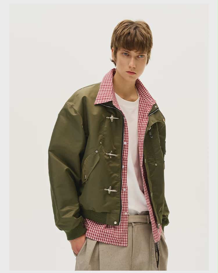 Stand Collar Fireman Clasp Bomber Jacket Korean Street Fashion Jacket By Mad Witch Shop Online at OH Vault