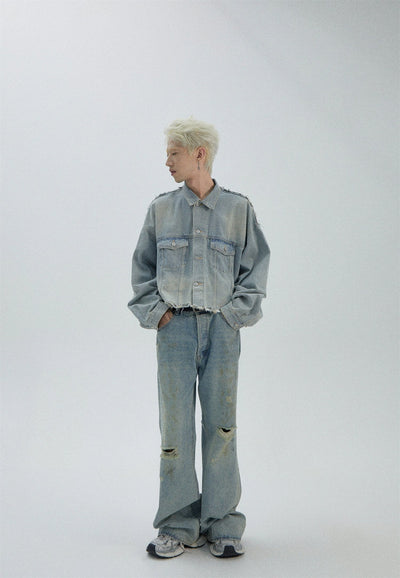 Faded Raw Edge Boxy Denim Jacket Korean Street Fashion Jacket By Ash Dark Shop Online at OH Vault