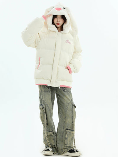 Spliced Rabbit/Bear Hooded Puffer Jacket Korean Street Fashion Jacket By INS Korea Shop Online at OH Vault