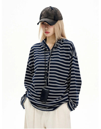 Half-Buttoned Striped Hooded T-Shirt Korean Street Fashion T-Shirt By MaxDstr Shop Online at OH Vault