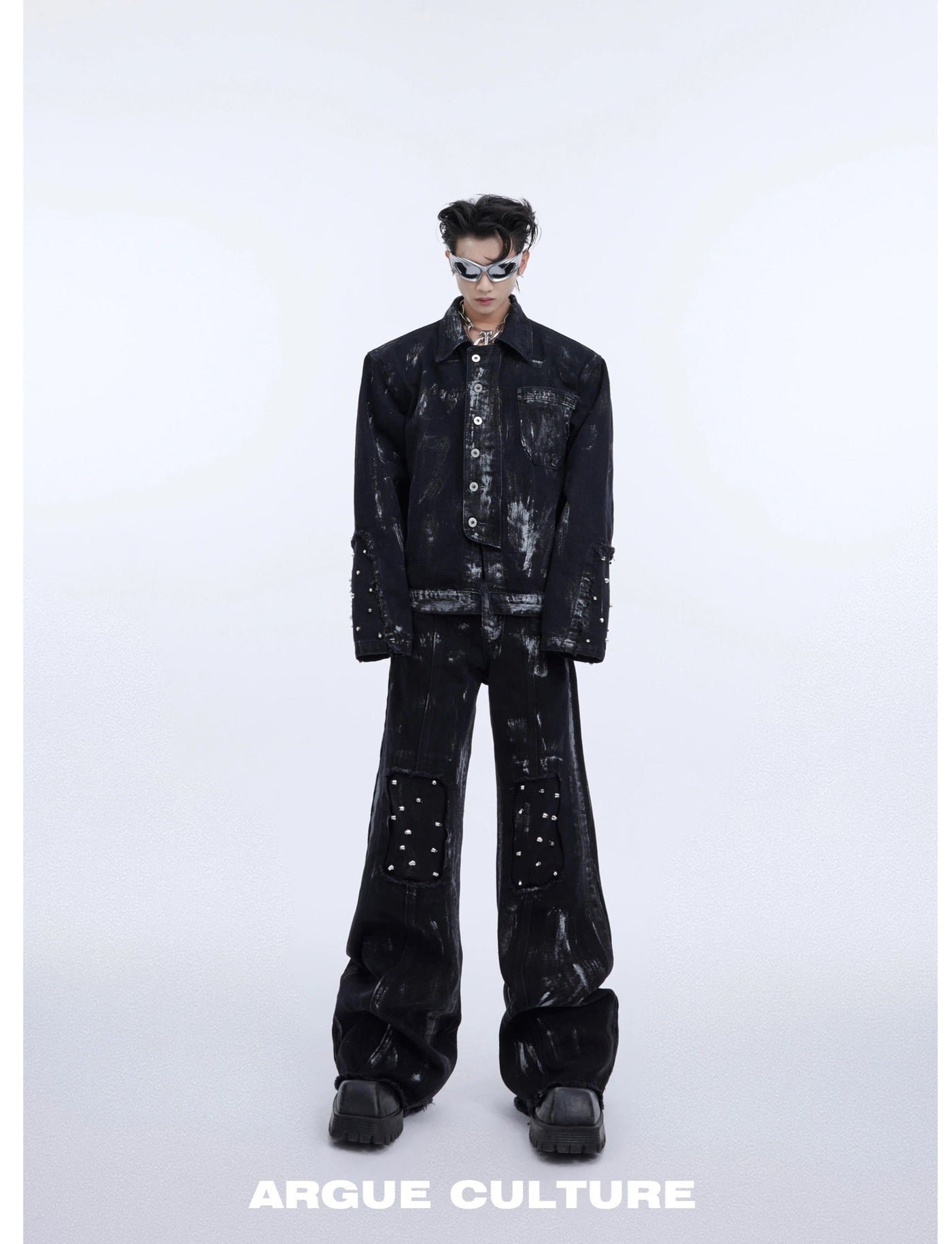 Smudges Distressed Denim Jacket & Jeans Set Korean Street Fashion Clothing Set By Argue Culture Shop Online at OH Vault
