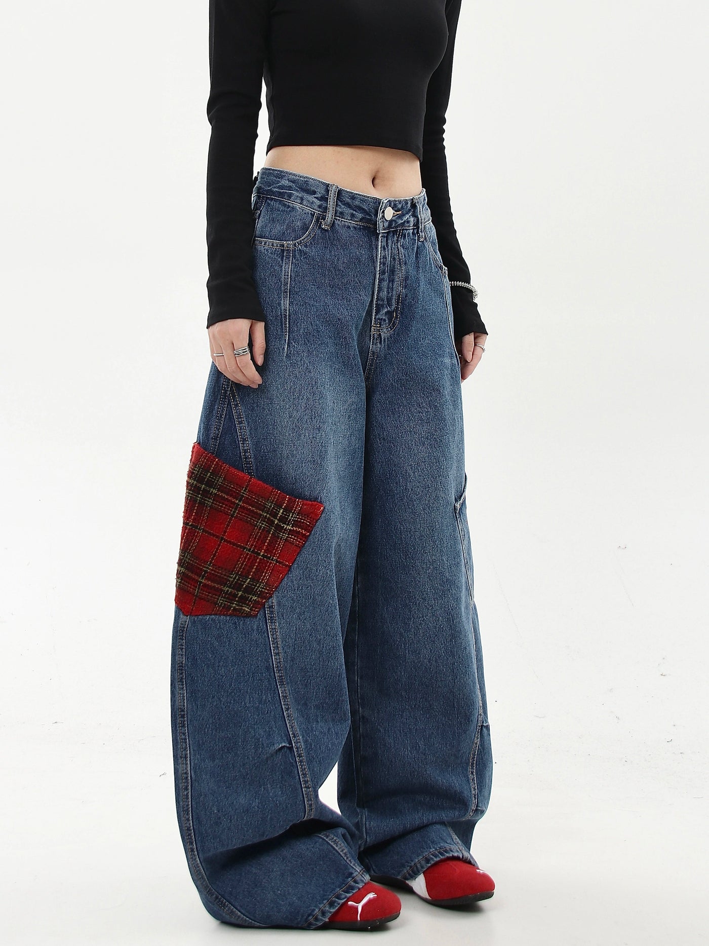 Asymmetric Plaid Pocket Scimitar Jeans Korean Street Fashion Jeans By Blacklists Shop Online at OH Vault