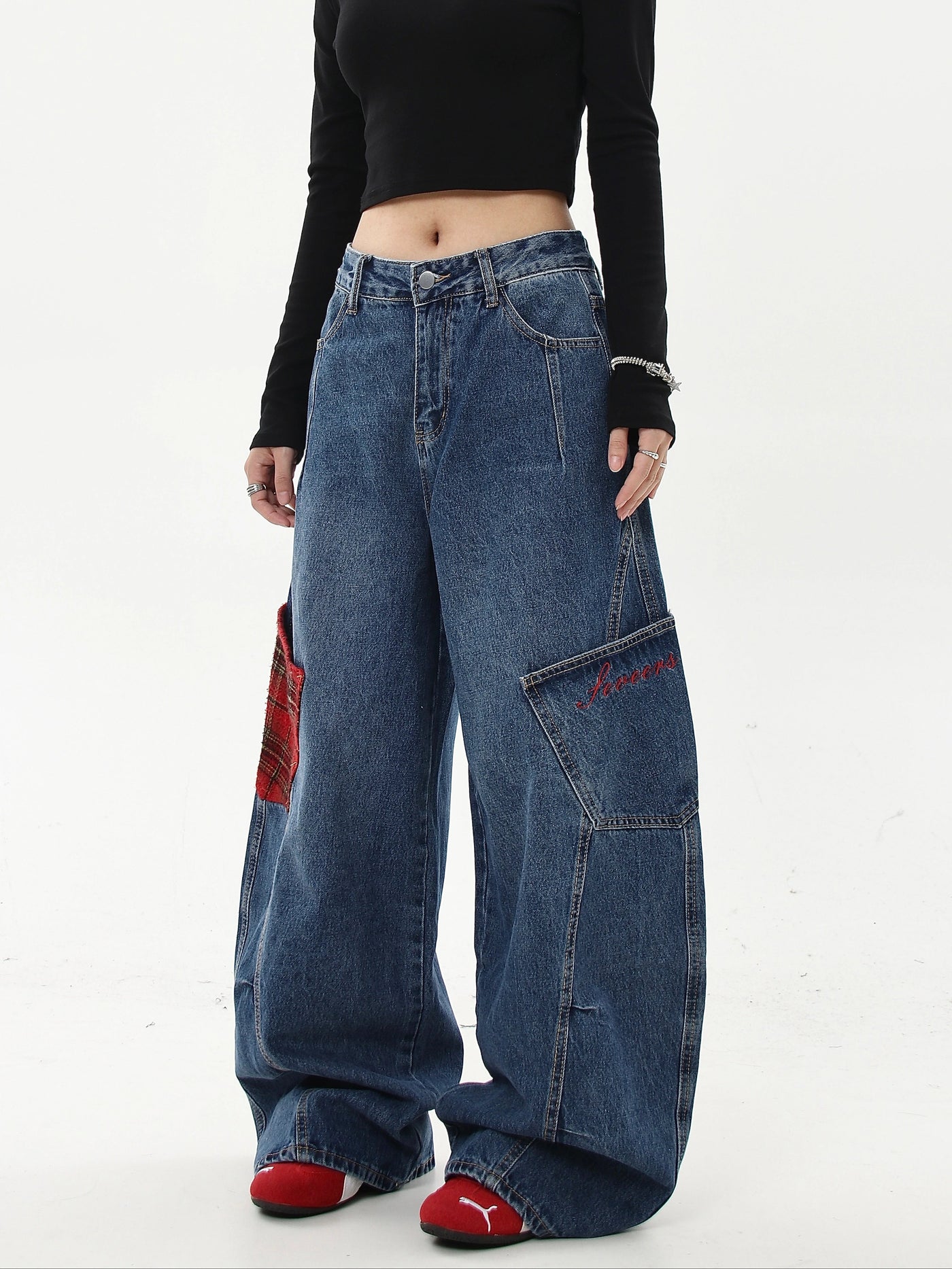 Asymmetric Plaid Pocket Scimitar Jeans Korean Street Fashion Jeans By Blacklists Shop Online at OH Vault