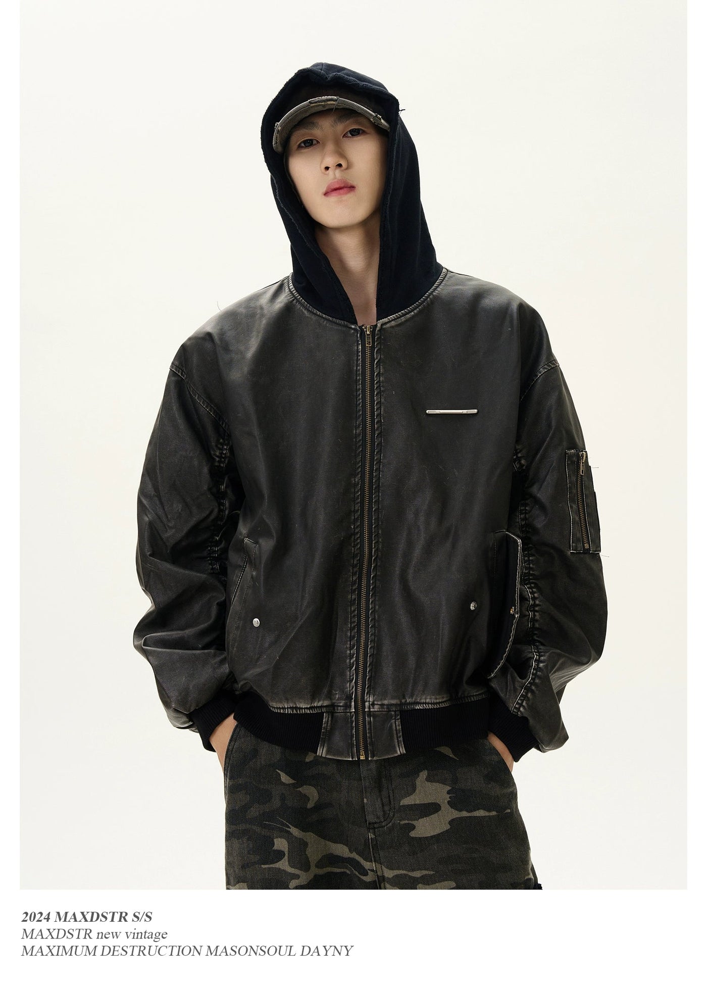 Distressed Ruched Hood PU Leather Jacket Korean Street Fashion Jacket By MaxDstr Shop Online at OH Vault