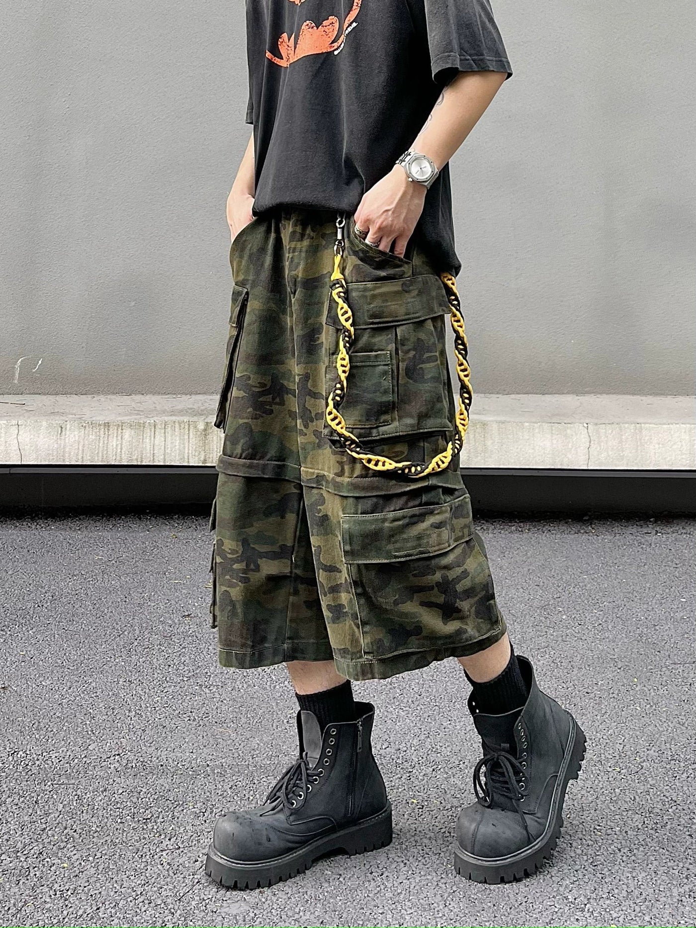 Buckled Strap Camo Cargo Shorts Korean Street Fashion Shorts By Blacklists Shop Online at OH Vault