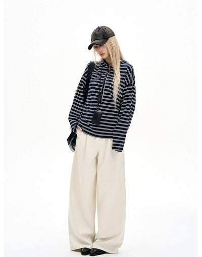 Half-Buttoned Striped Hooded T-Shirt Korean Street Fashion T-Shirt By MaxDstr Shop Online at OH Vault