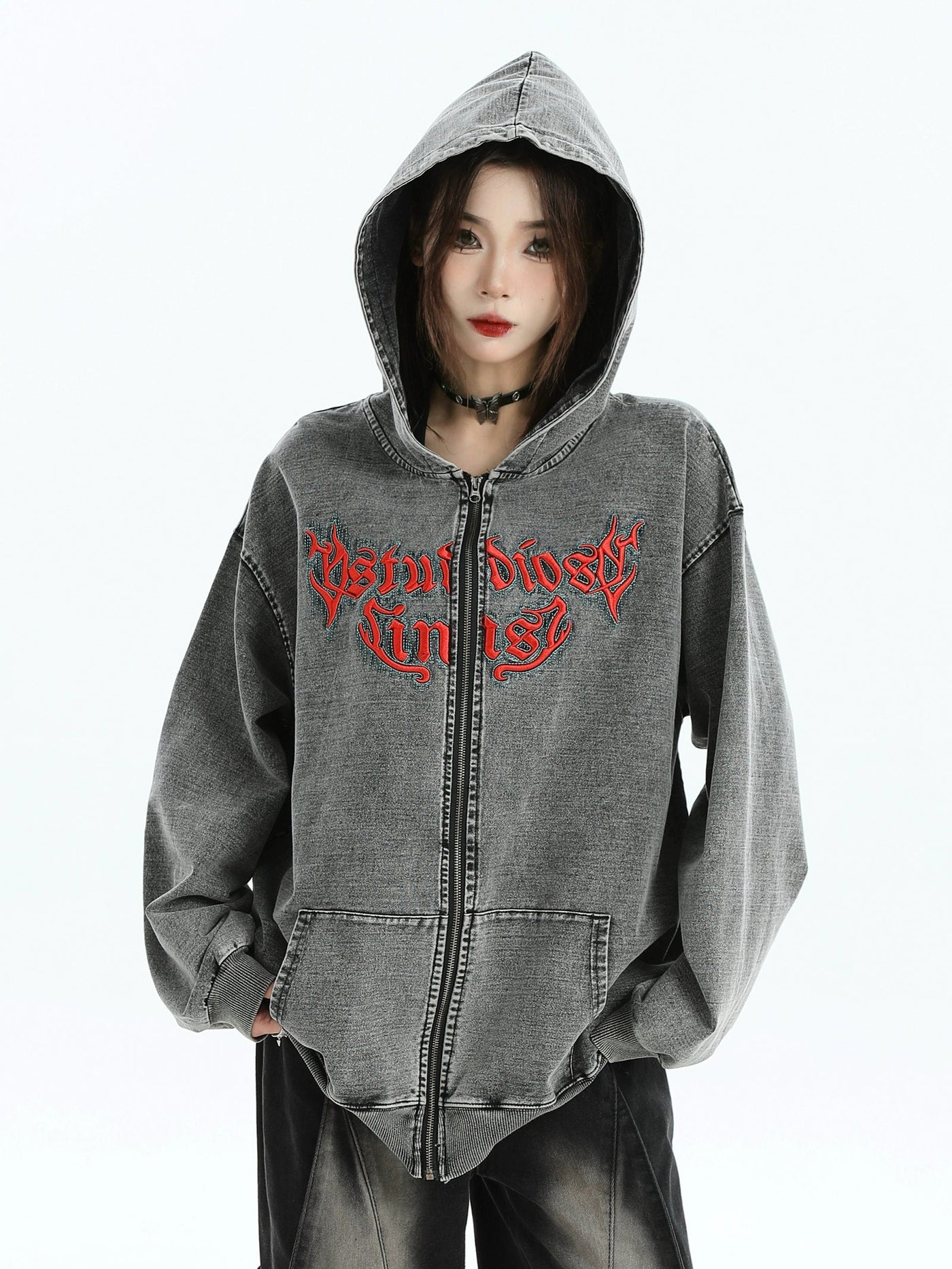 Grunged & Embroidered Hooded Denim Jacket Korean Street Fashion Jacket By INS Korea Shop Online at OH Vault