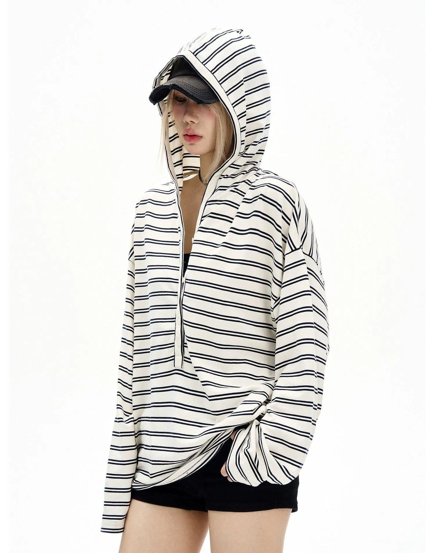 Half-Buttoned Striped Hooded T-Shirt Korean Street Fashion T-Shirt By MaxDstr Shop Online at OH Vault