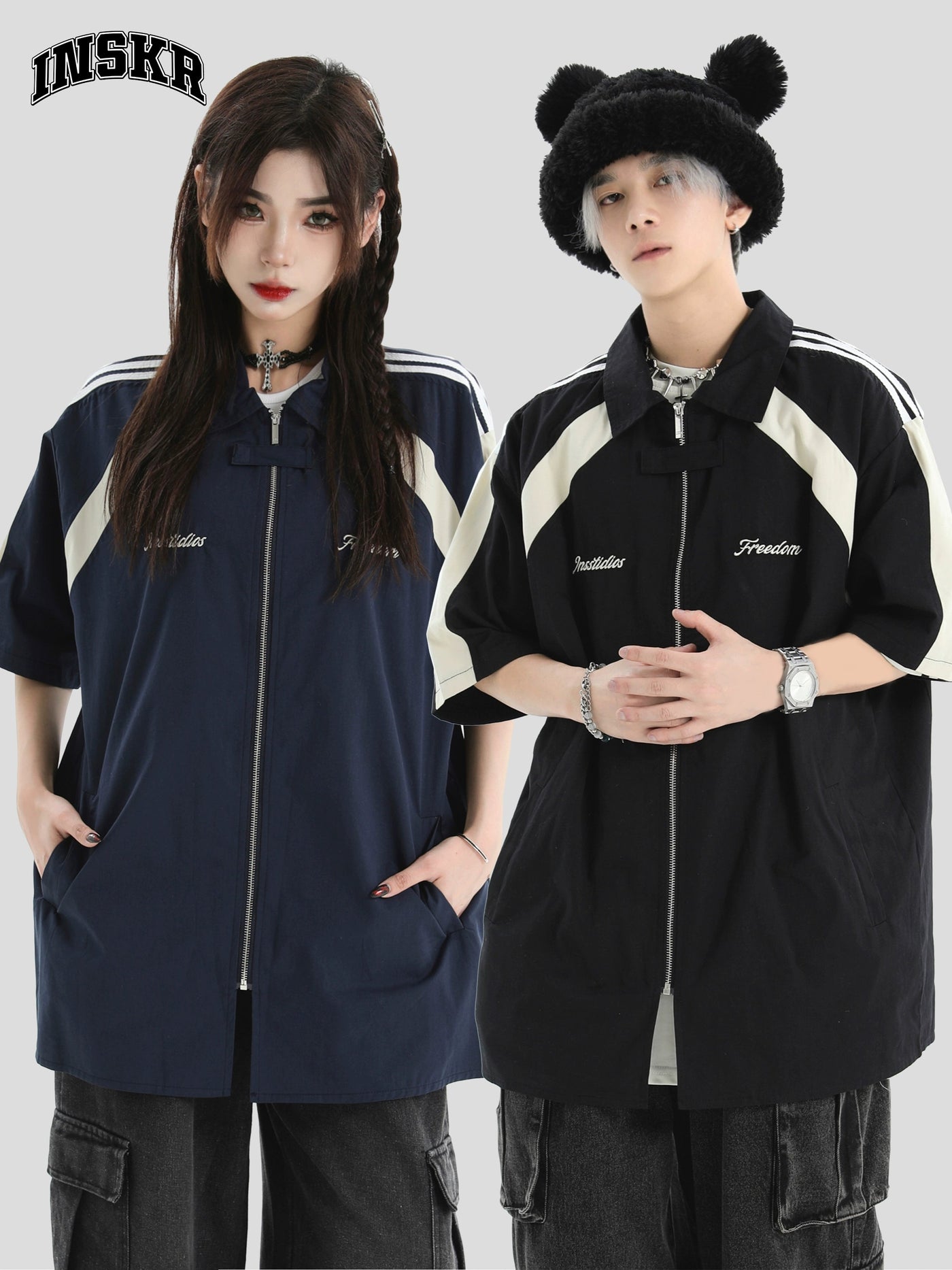 Zippered Contrast Blades Shirt Korean Street Fashion Shirt By INS Korea Shop Online at OH Vault