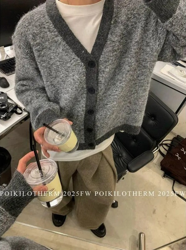 Contrast Fuzzy Knit V-Neck Cardigan Korean Street Fashion Cardigan By Poikilotherm Shop Online at OH Vault