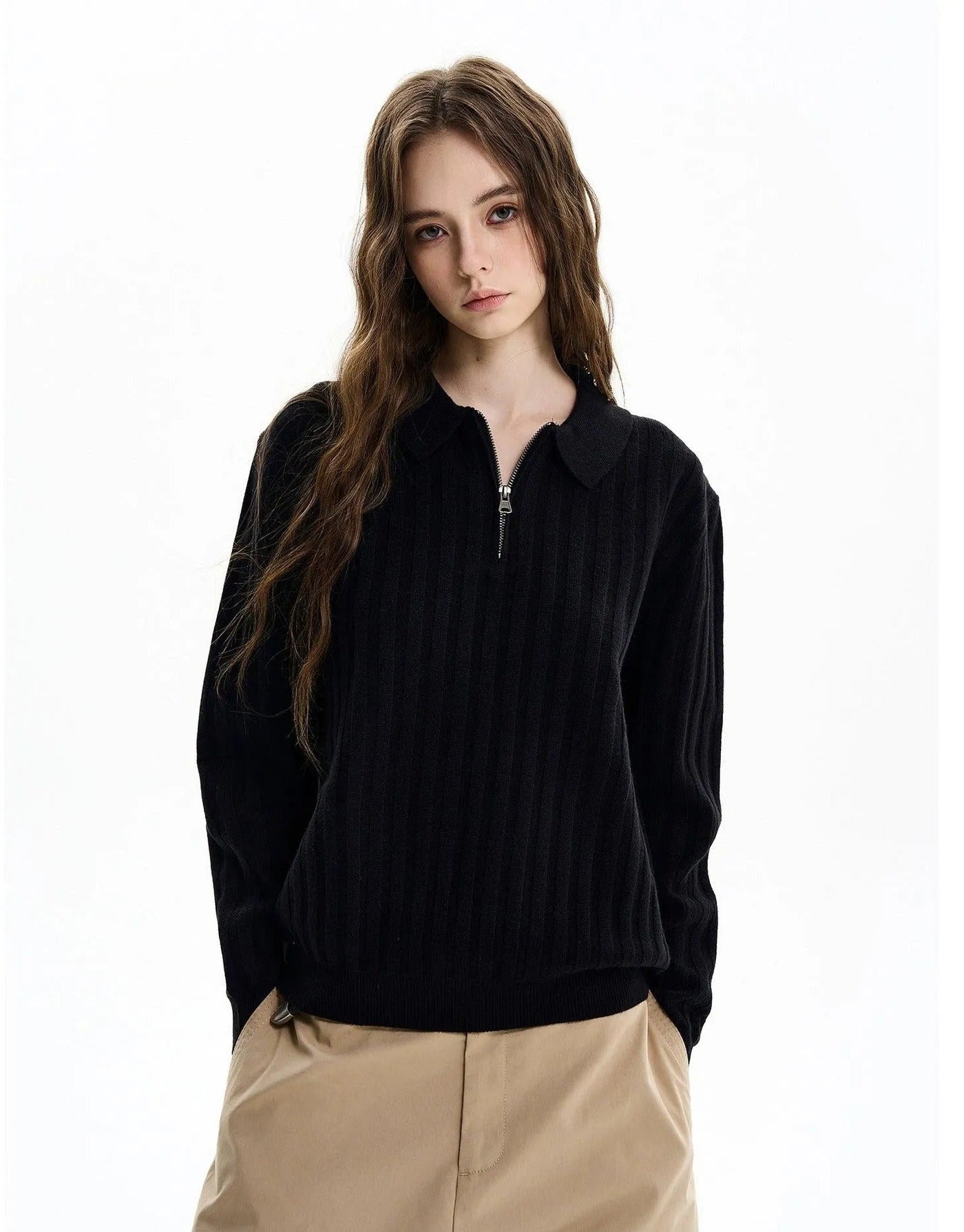 Embossed Stripes Half-Zip Polo Korean Street Fashion Polo By MaxDstr Shop Online at OH Vault