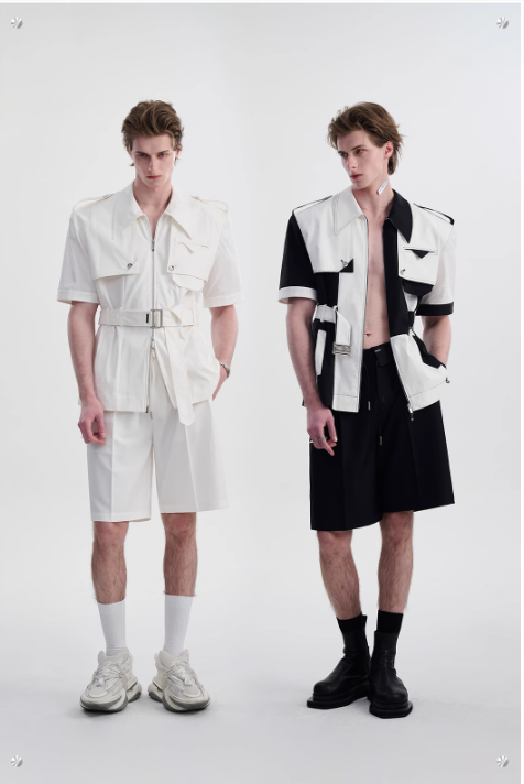 B&W Structured Belted Shirt & Casual Shorts Set Korean Street Fashion Clothing Set By TIWILLTANG Shop Online at OH Vault