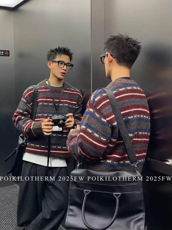 Fuzzy Striped Contrast Sweater Korean Street Fashion Sweater By Poikilotherm Shop Online at OH Vault