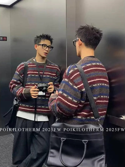 Fuzzy Striped Contrast Sweater Korean Street Fashion Sweater By Poikilotherm Shop Online at OH Vault