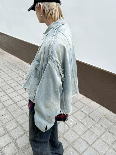 Boxy Washed Raw Edge Denim Jacket Korean Street Fashion Jacket By Ash Dark Shop Online at OH Vault