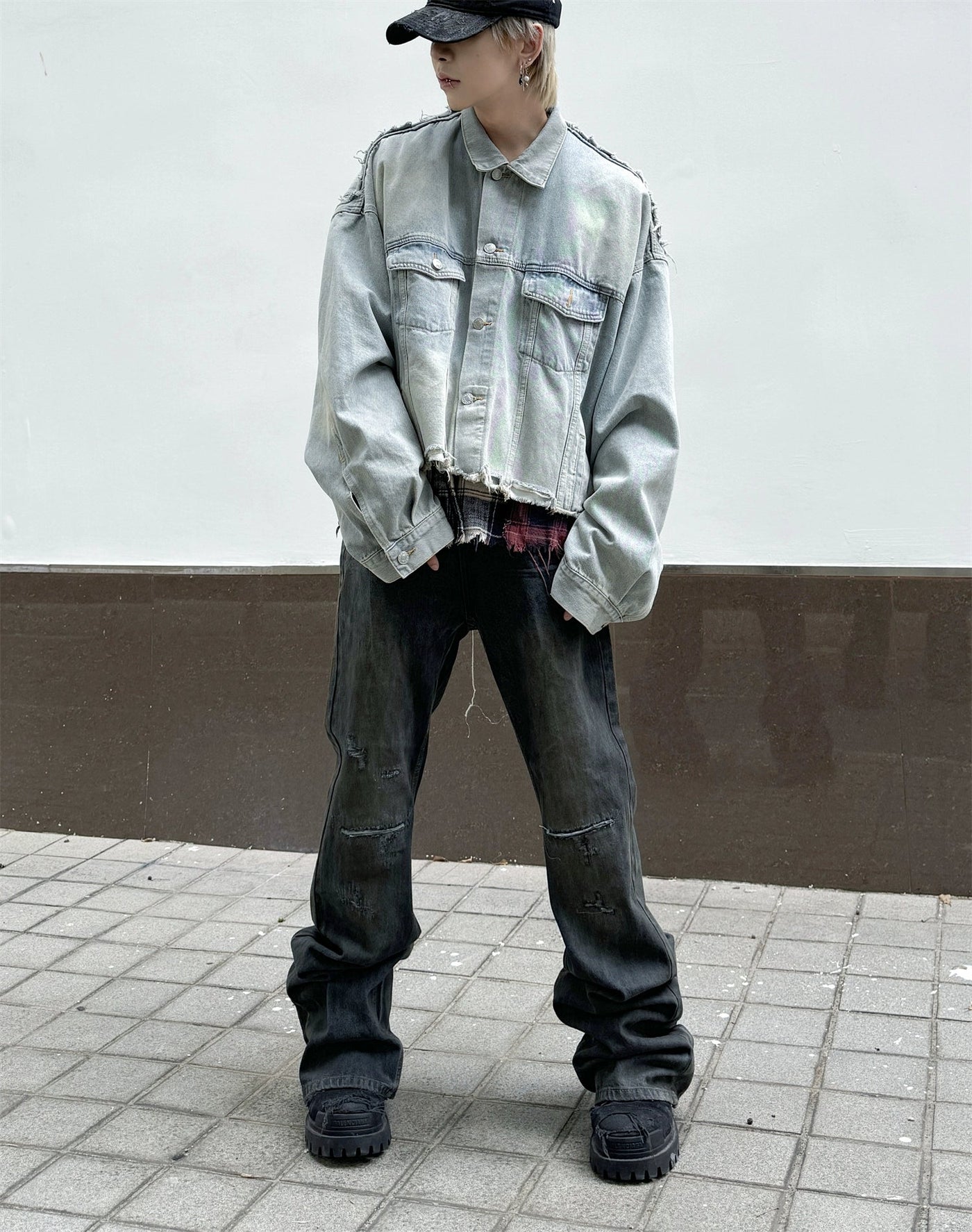 Boxy Washed Raw Edge Denim Jacket Korean Street Fashion Jacket By Ash Dark Shop Online at OH Vault