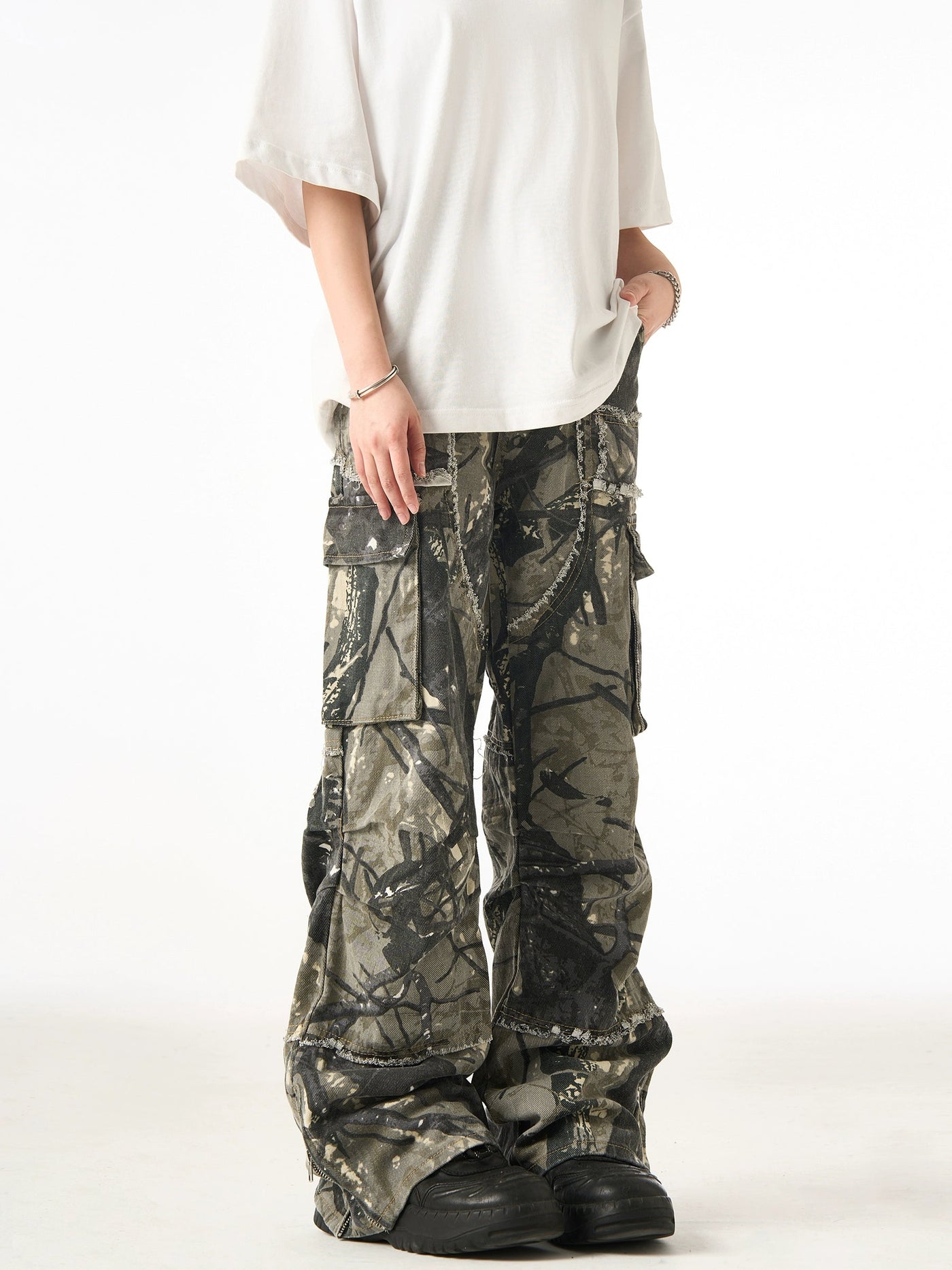 Branch Camo Raw Edge Cargo Pants Korean Street Fashion Pants By Ash Dark Shop Online at OH Vault