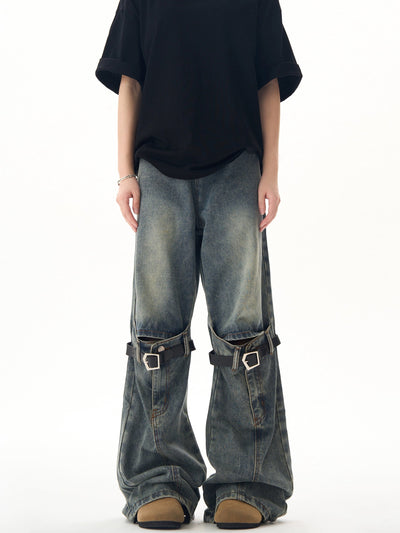 Buckled Knee Belt Flared Jeans Korean Street Fashion Jeans By Ash Dark Shop Online at OH Vault