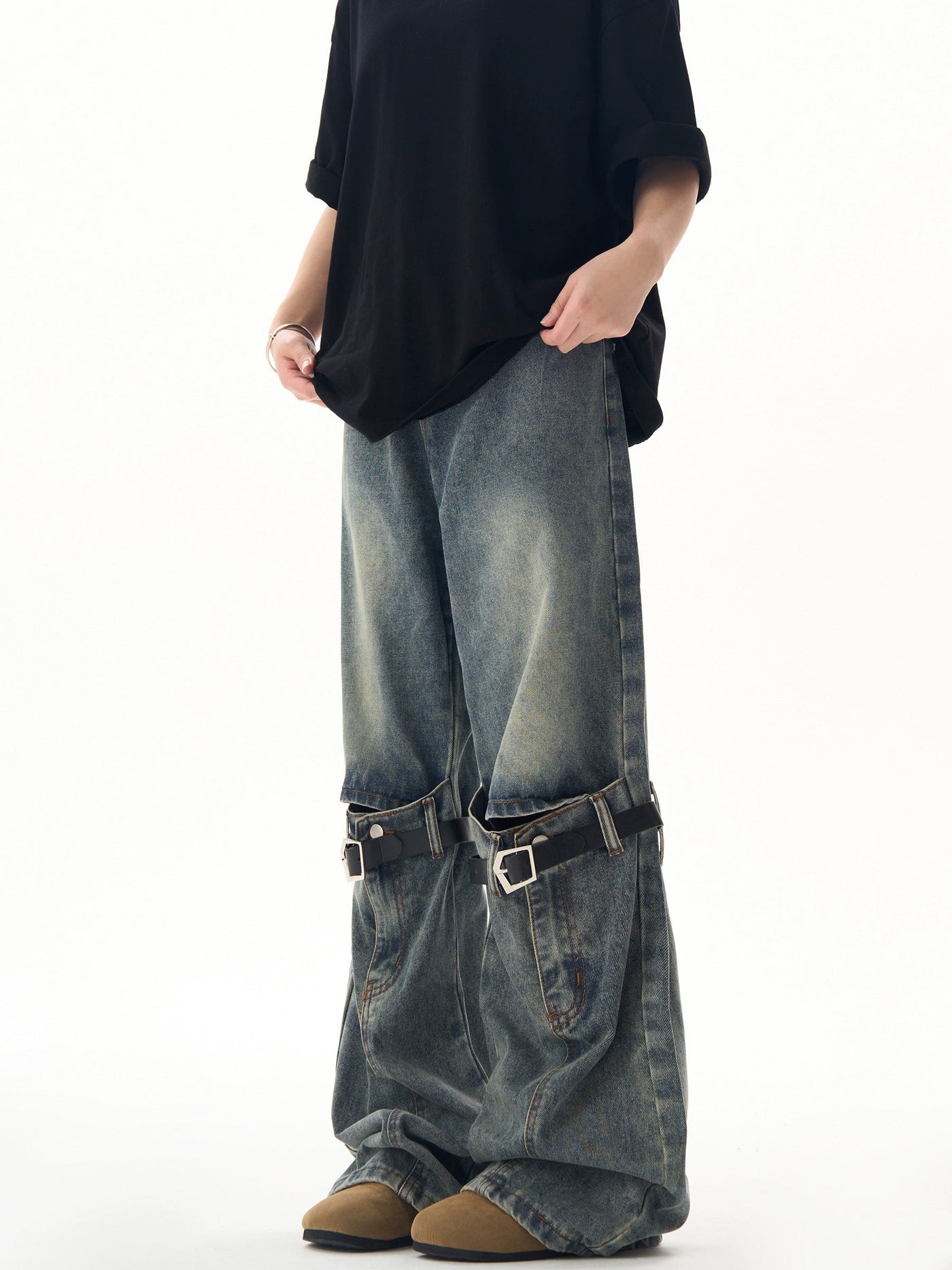 Buckled Knee Belt Flared Jeans Korean Street Fashion Jeans By Ash Dark Shop Online at OH Vault