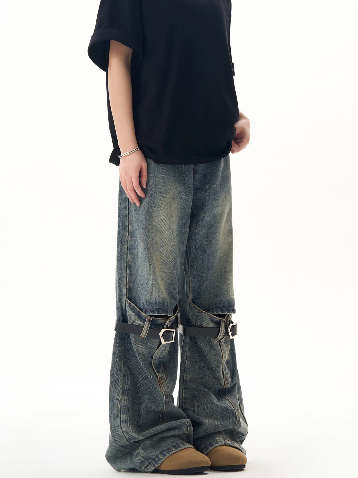 Buckled Knee Belt Flared Jeans Korean Street Fashion Jeans By Ash Dark Shop Online at OH Vault