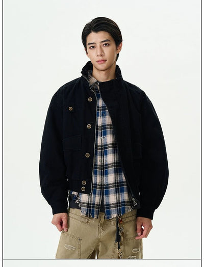 Buttons High Collar Utility Jacket Korean Street Fashion Jacket By 77Flight Shop Online at OH Vault