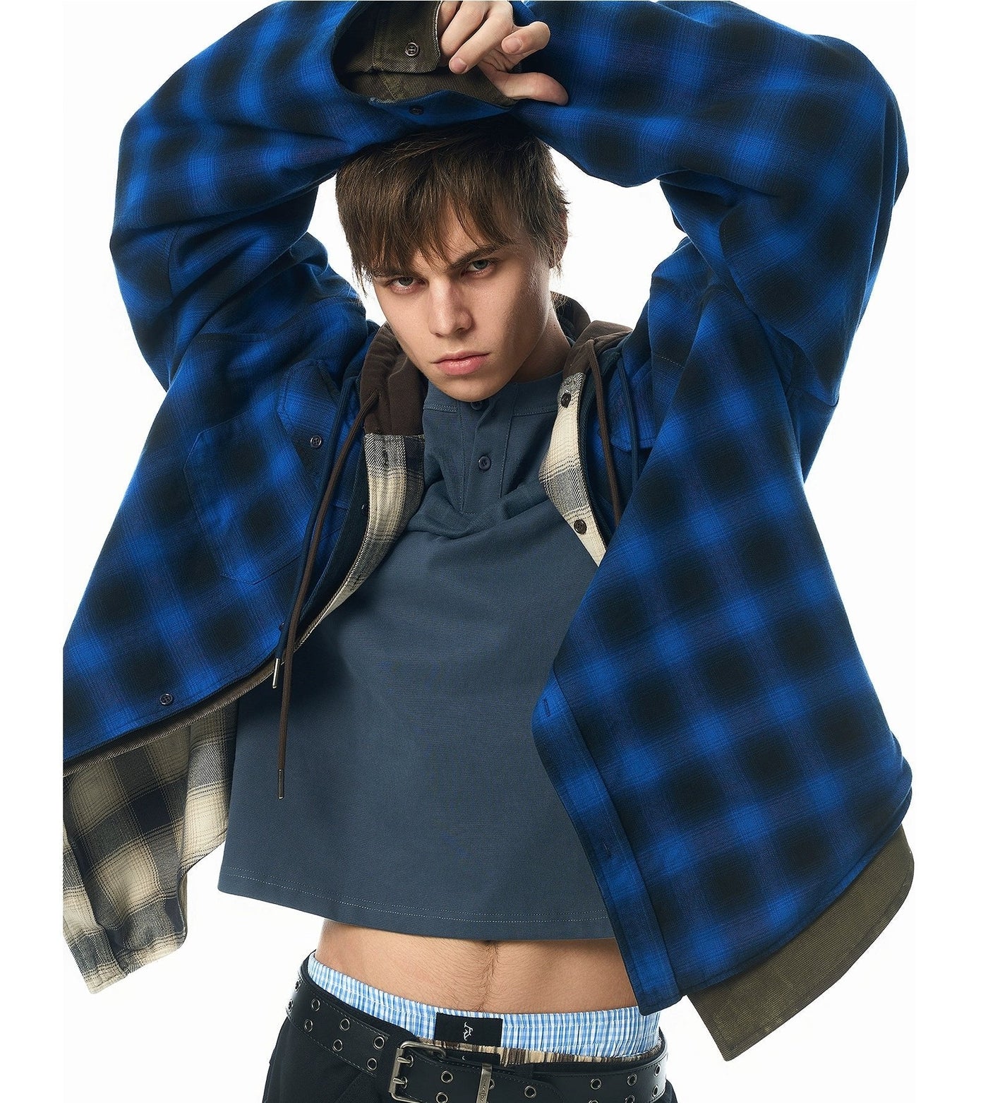 Plaid & Denim Reversible Hooded Jacket Korean Street Fashion Shirt By JHYQ Shop Online at OH Vault