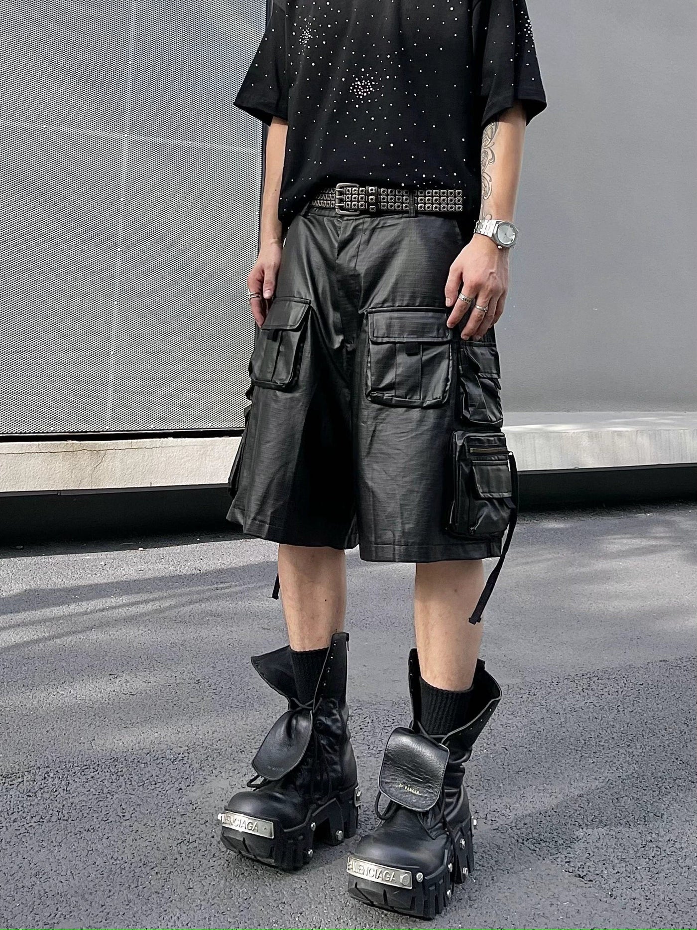 Waxed Leather Cargo Shorts Korean Street Fashion Shorts By Blacklists Shop Online at OH Vault