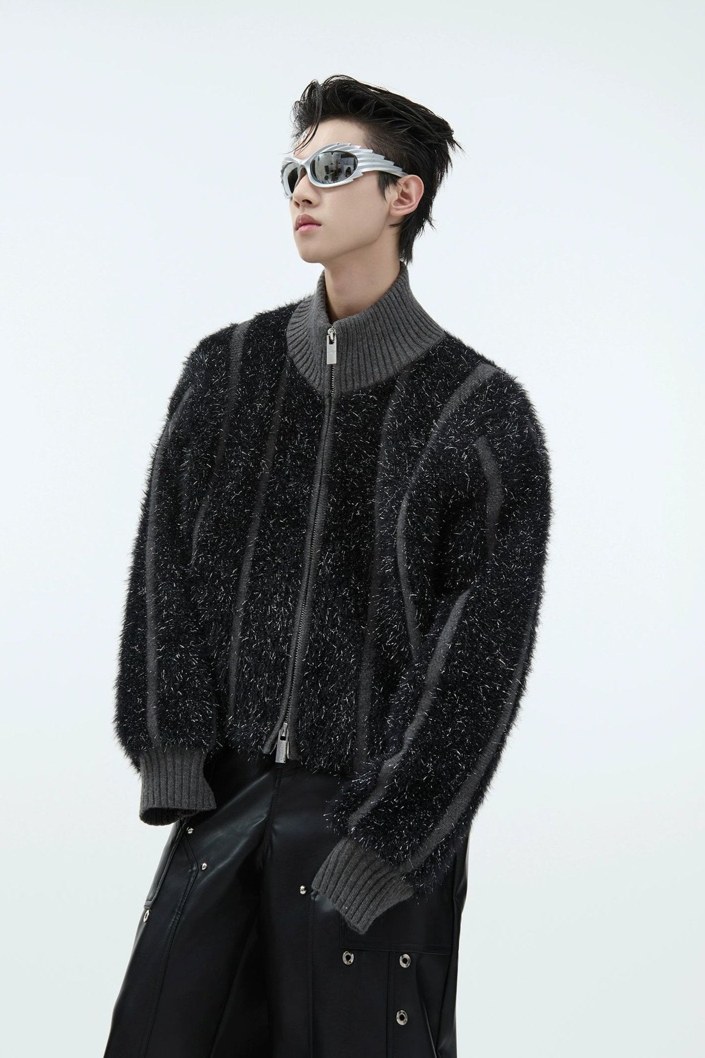 Patterned Fuzzy Zipped Sweater Korean Street Fashion Sweater By Argue Culture Shop Online at OH Vault