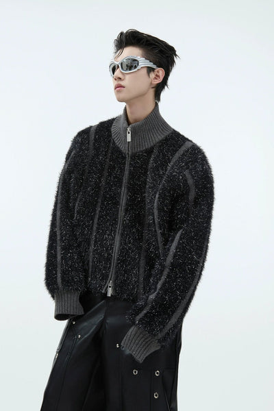 Patterned Fuzzy Zipped Sweater Korean Street Fashion Sweater By Argue Culture Shop Online at OH Vault