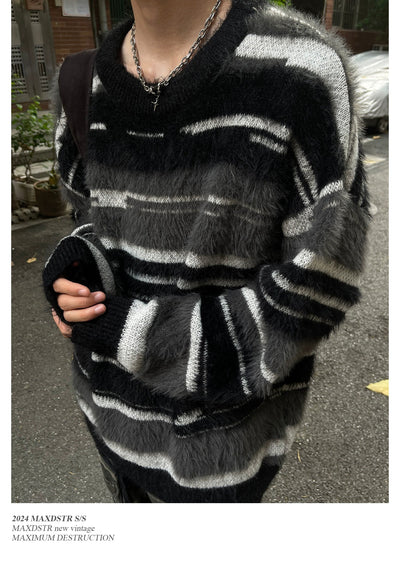 Furry Striped Sweater Korean Street Fashion Sweater By MaxDstr Shop Online at OH Vault