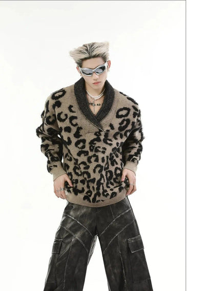 Leopard Print V-Neck Sweater Korean Street Fashion Sweater By Turn Tide Shop Online at OH Vault