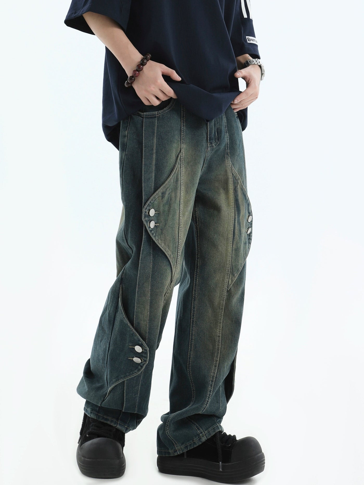 Buttoned Spots Washed Jeans Korean Street Fashion Jeans By INS Korea Shop Online at OH Vault