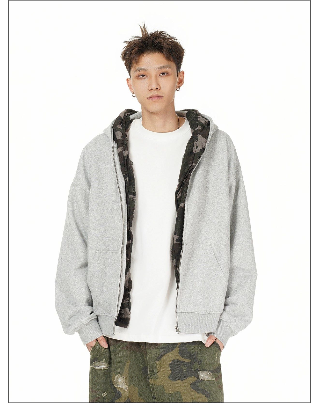 Camouflage Tie-Strap Zip-Up Hoodie Korean Street Fashion Hoodie By Mr Nearly Shop Online at OH Vault