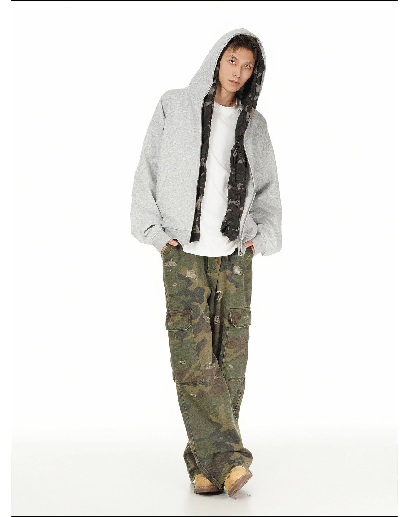 Camouflage Tie-Strap Zip-Up Hoodie Korean Street Fashion Hoodie By Mr Nearly Shop Online at OH Vault